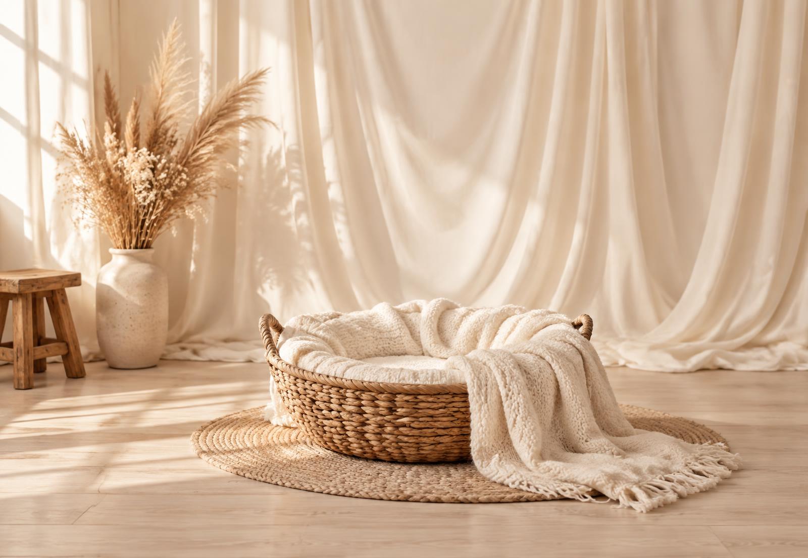 Ivory newborn photography set with woven basket, knitted blanket and soft morning light